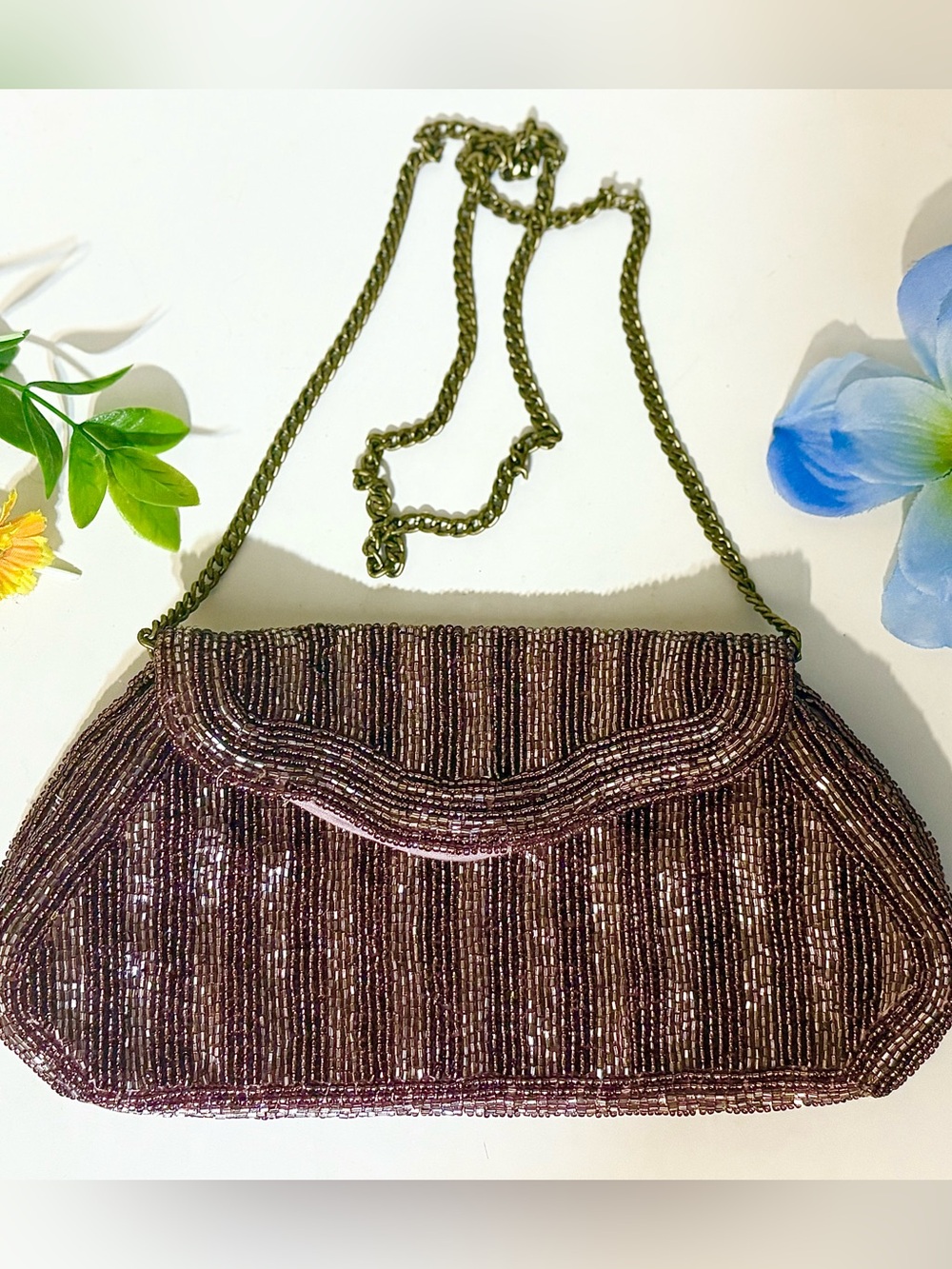 Anthropologie Purple Seed Bead Clutch w Scalloped Edge-Long Chain Strap-Vintage